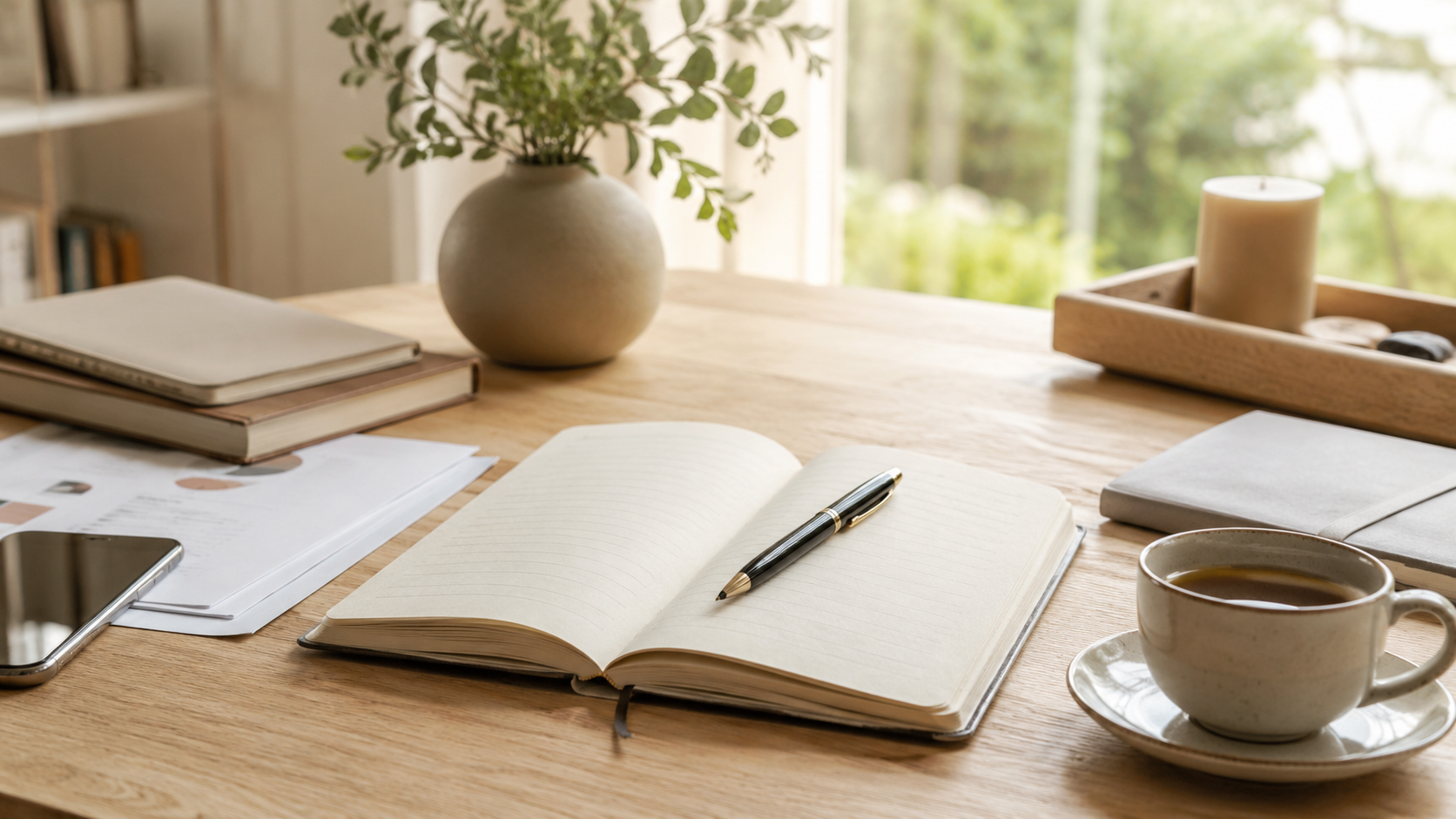 Carnet et stylo sur un bureau clair